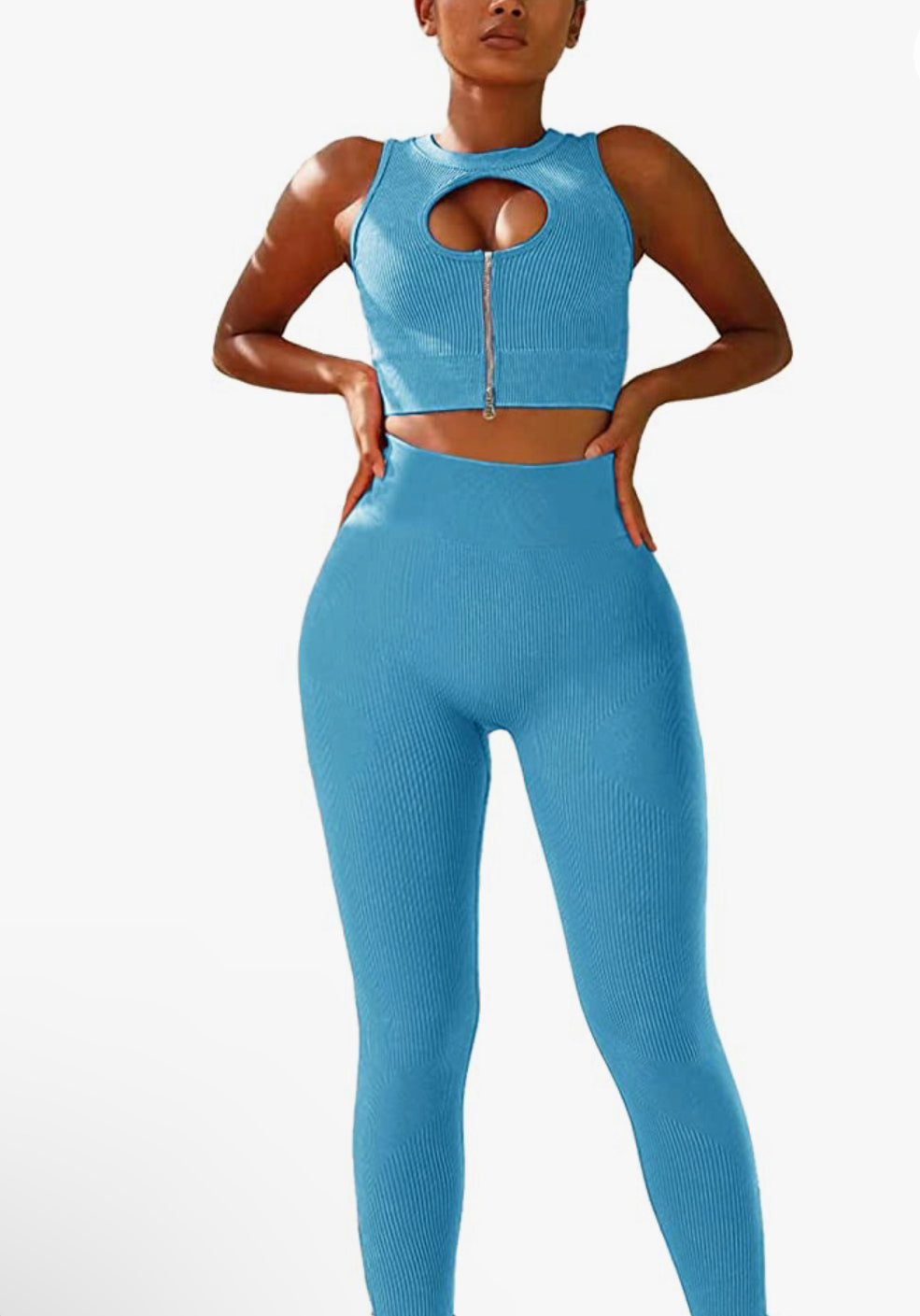 Ribbed Hollow Out Zip Sexy Sport Set